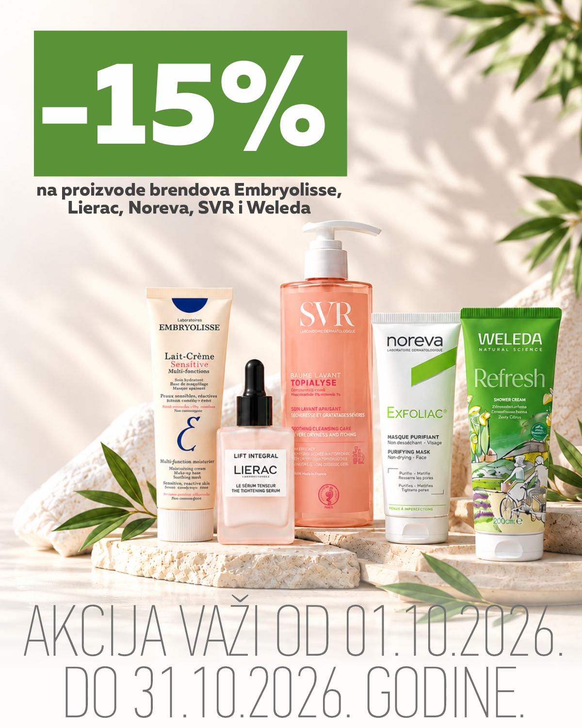 15% popusta na Embryolisse, Lierac, Noreva, SVR i Weleda proizvode. 15% popusta na Embryolisse, Lierac, Noreva, SVR i Weleda proizvode.